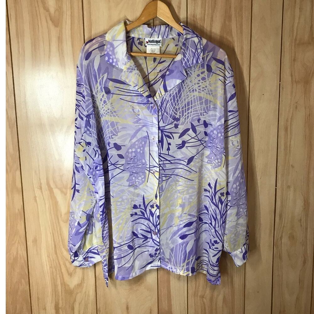 National Blue Floral Sheer Collared Long Sleeve Women Blouse 22W